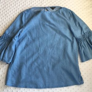 Massimo Dutti Chambray blouse bell smocked sleeves